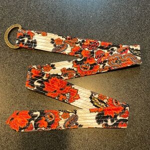 J Crew multicolor orange, red and black fabric belt, size medium/large.